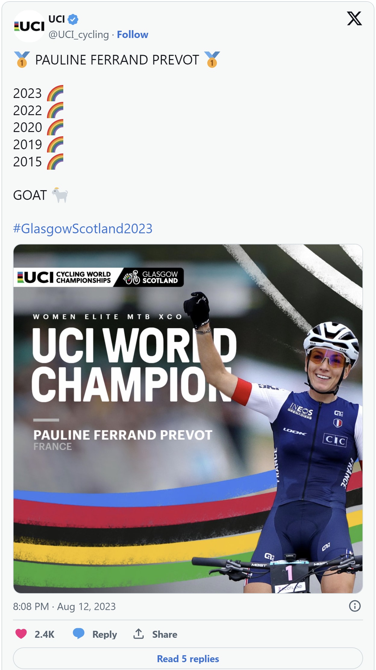 2023年自行车世锦赛：宝琳·费拉德·普雷福特成功卫冕山地自行车越野赛 