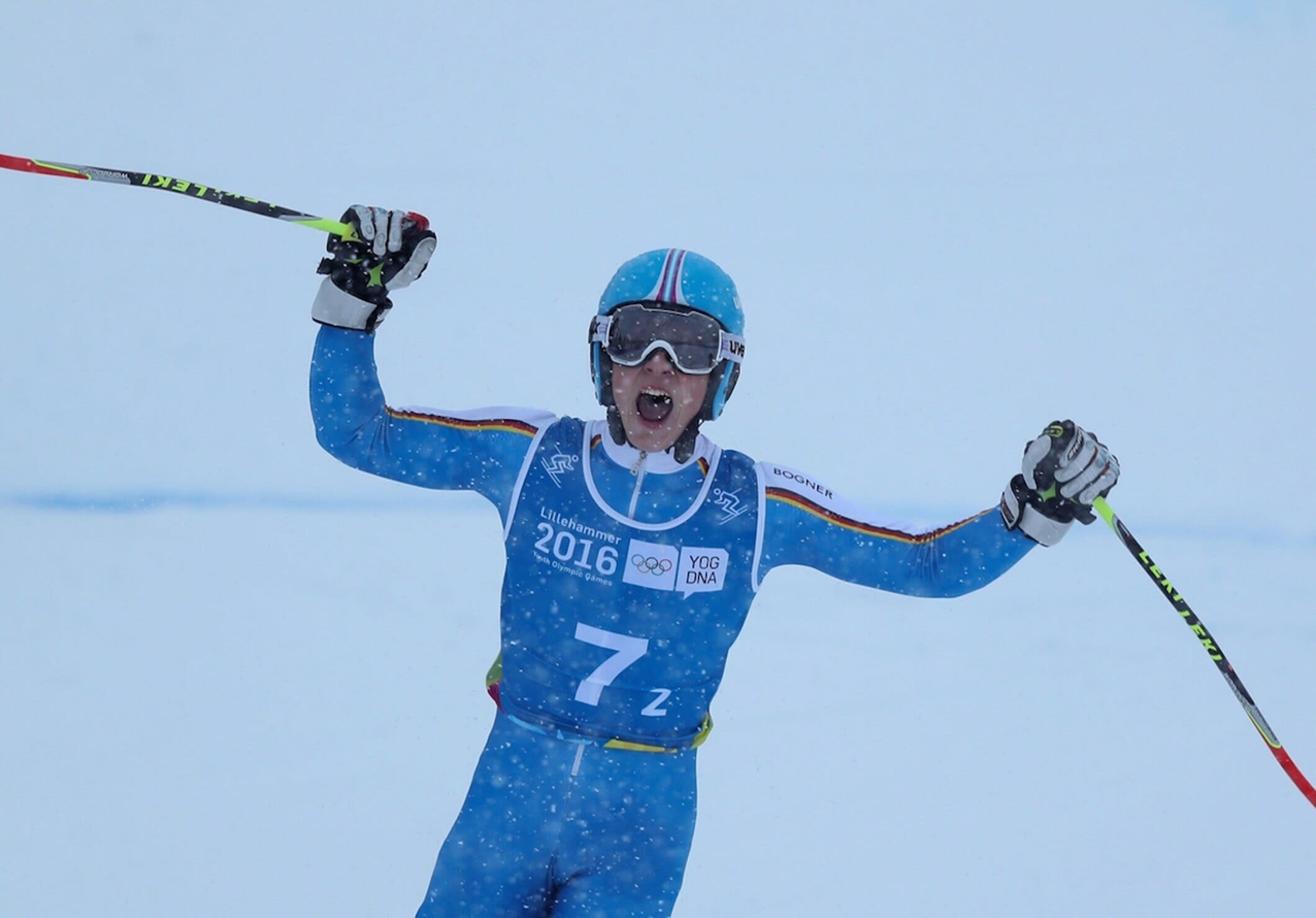 Germany's Jonas Stockinger celebrates after a run in the parallel mixed team finals. Photo: YIS / IOC Simon Bruty