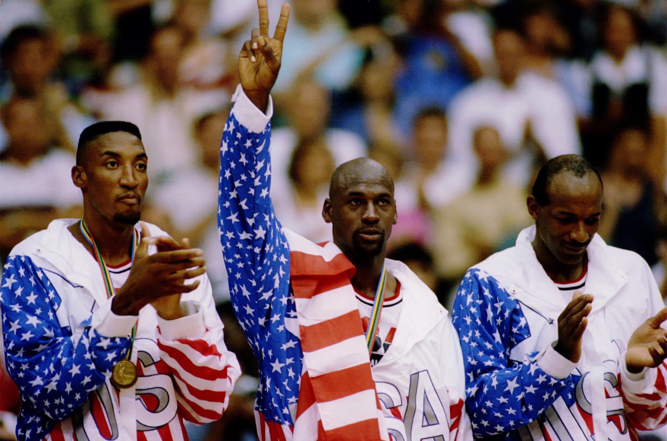 Usa Basketball Team Members Michael Jordan  Scottie Pippen  And Clide Drexler  