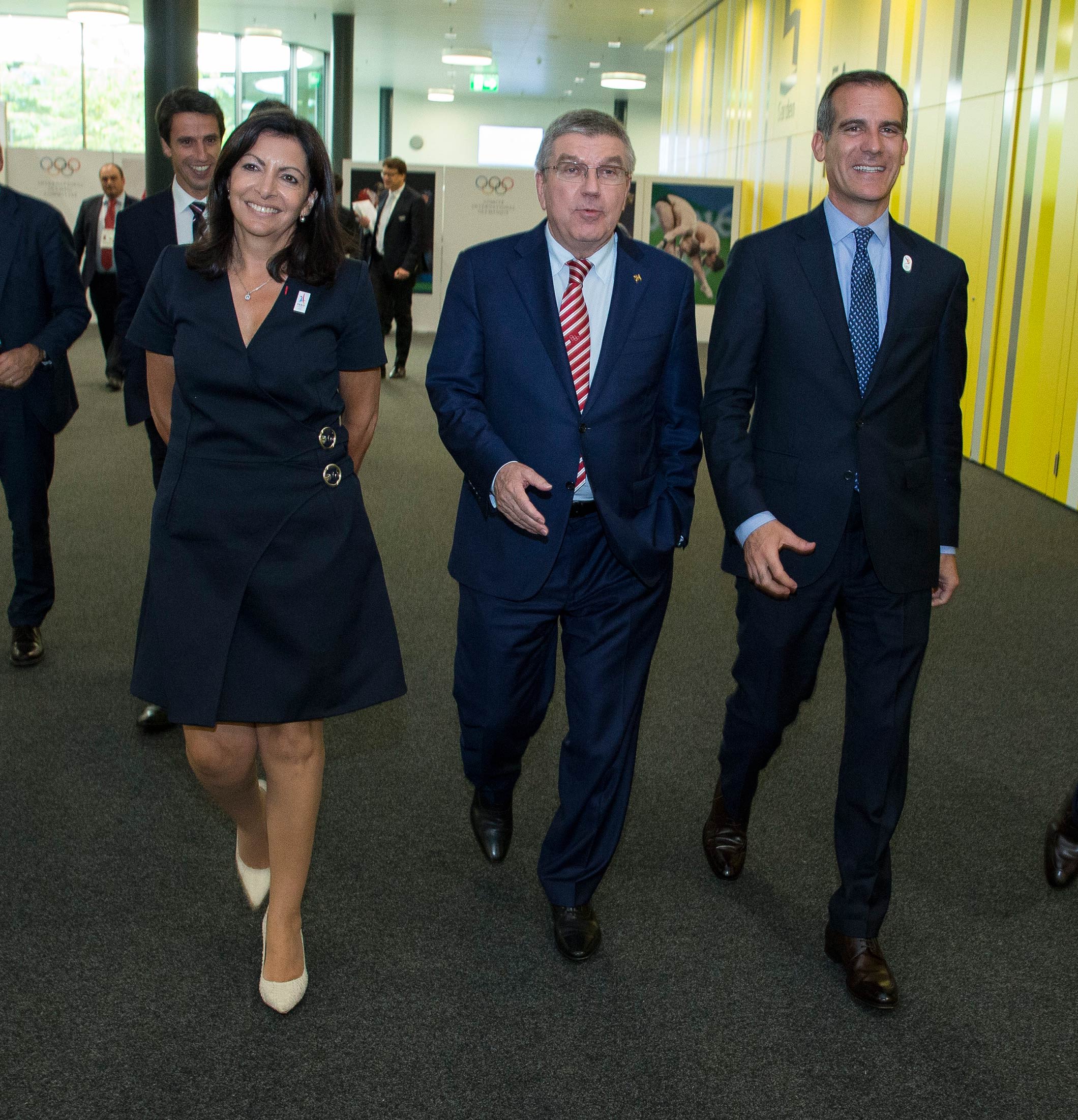 Paris Mayor Anne Hidalgo,  IOC President Thomas Bach, Los Angeles Mayor Eric Garcetti at the 130th IOC Session