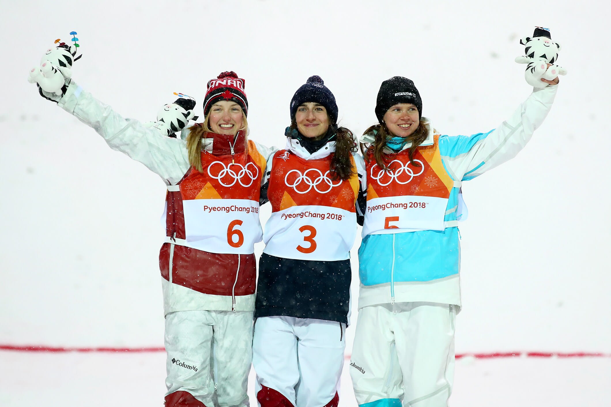 (L-R) Justine Dufour-Lapointe of Canada , Perrine Laffont of France and Yulia Galysheva of Kazakhstan (Getty Images)