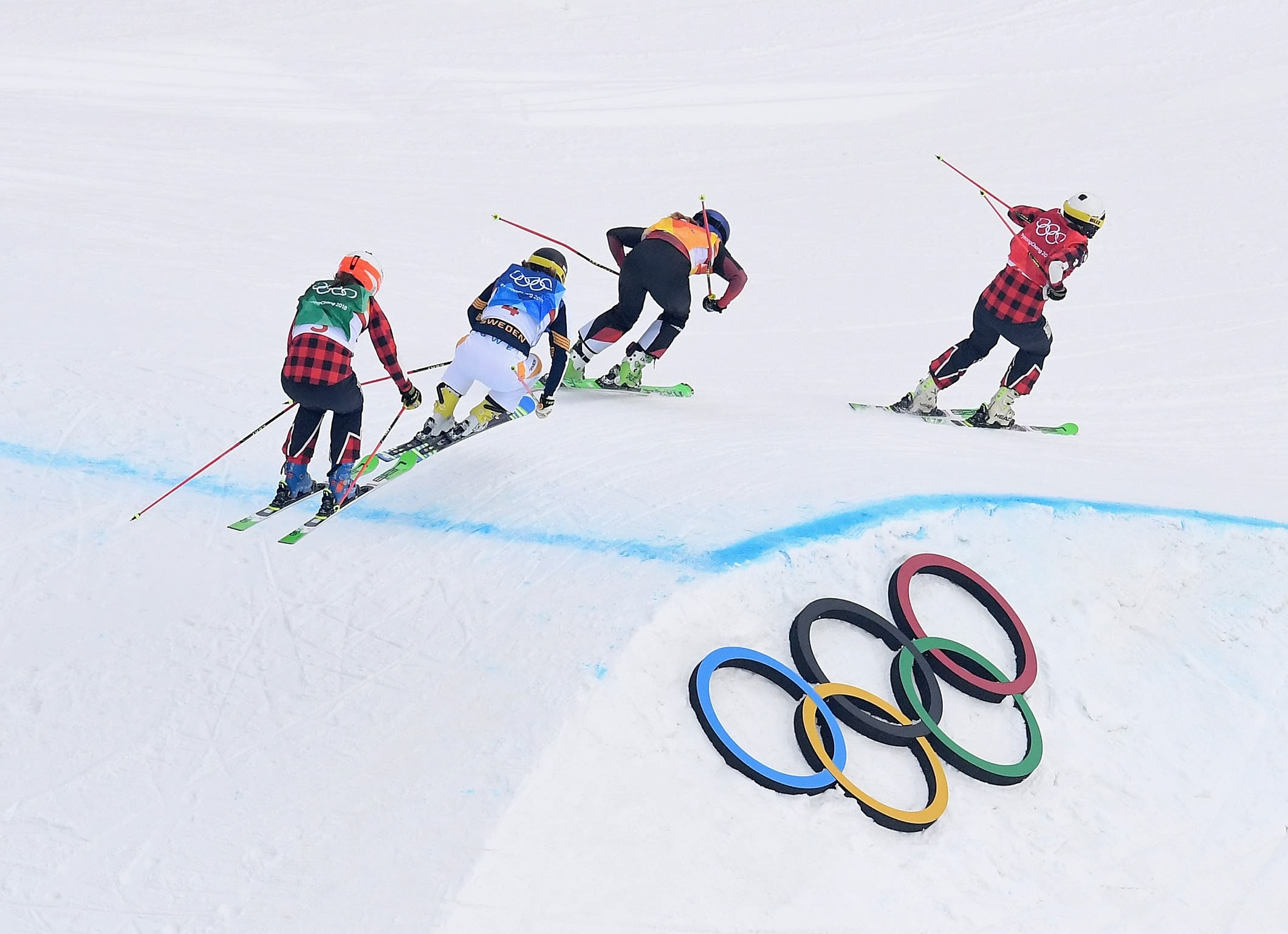 Kelsey Serwa of Canada leads Fanny Smith of Switzerland, Sandra Naeslund of Sweden and Brittany Phelan of Canada (Getty Images)
