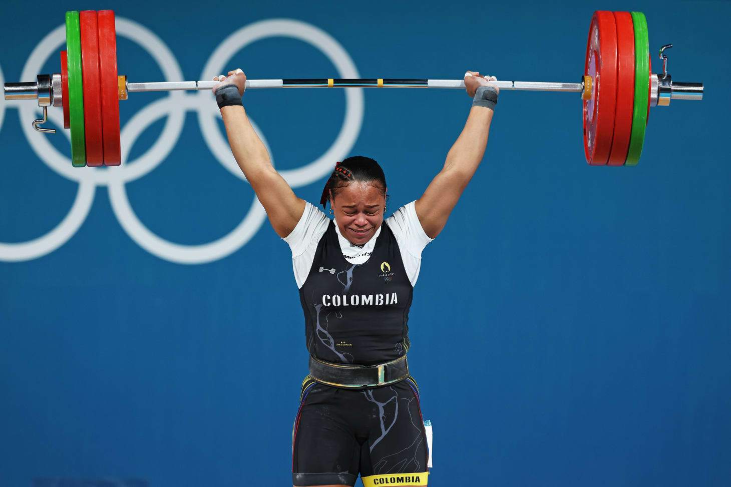 Mari Leivis Sanchez of Team Colombia performs a clean and jerk during the Weightlifting Women's 71kg on day fourteen of the Olympic Games Paris 2024