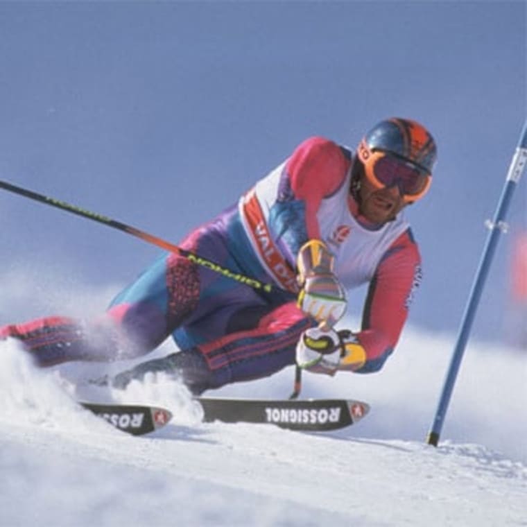 See how Alberto Tomba defended his giant slalom title
