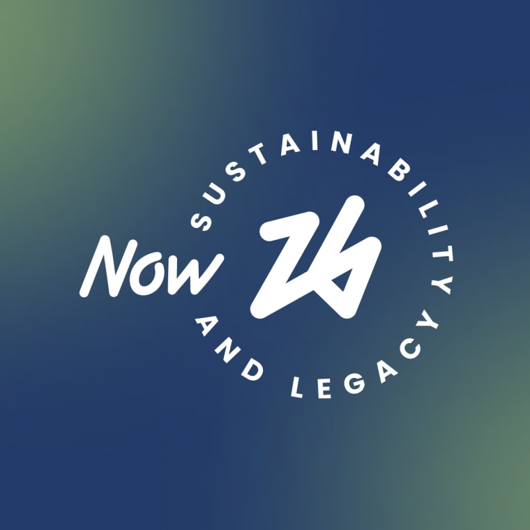 A white logo featuring the word "Now" next to a stylized symbol, encircled by the phrases "SUSTAINABILITY" and "AND LEGACY," all set on a blue and green gradient background.