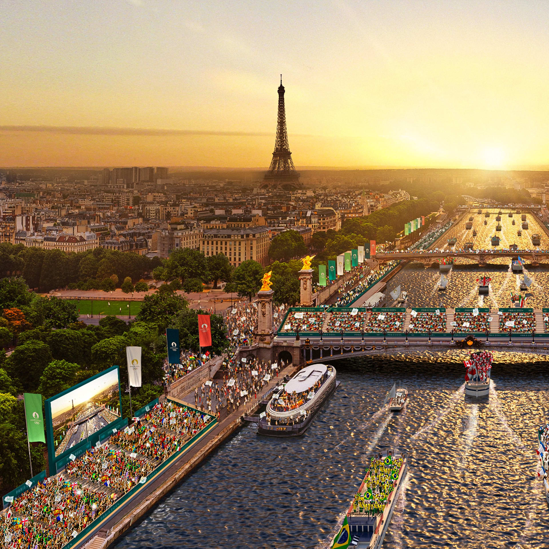 Aerial view of Paris with Eiffel tower and Seine river