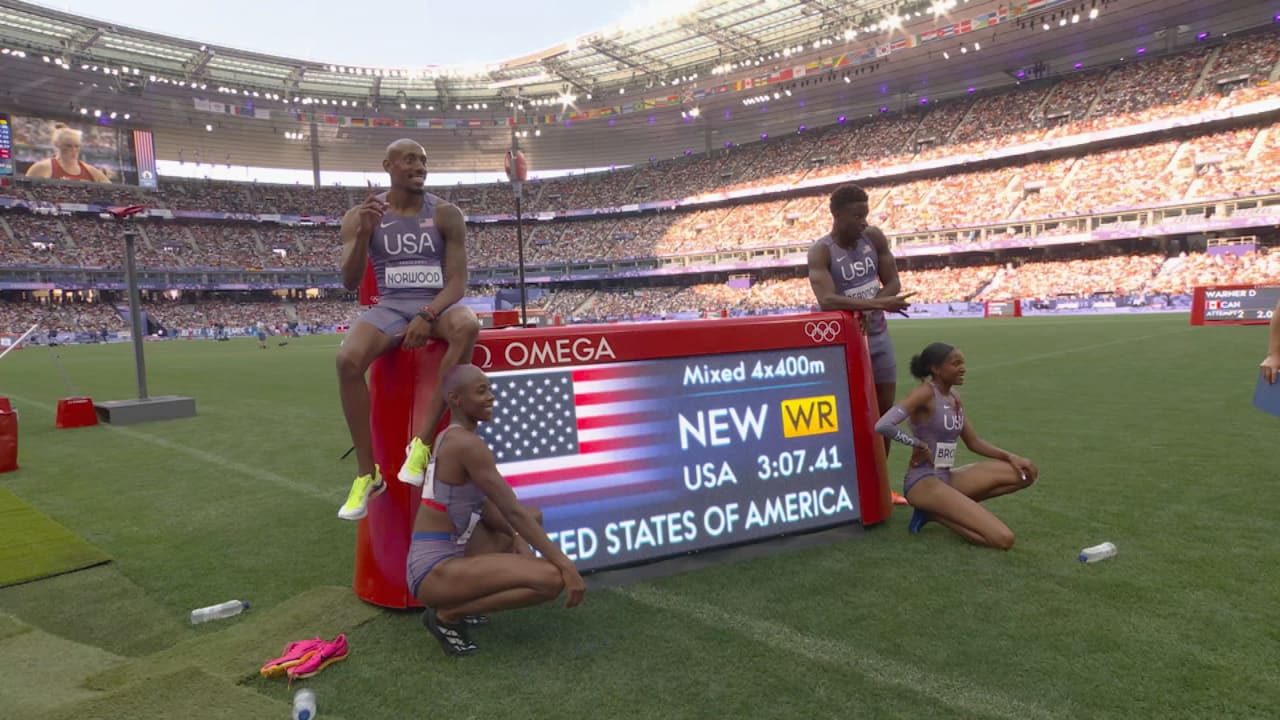 Athletics 4 x 400m Relay Mixed Round 1 USA break the record Paris