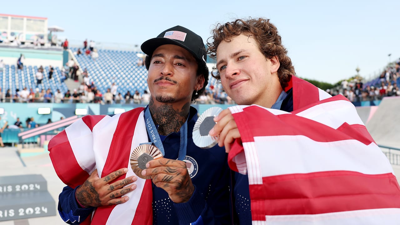 Street Skateboarding - M. Final. Nyjah Huston 2nd run scores 93.37to help him win a bronze for USA. Jagger Eaton Trick scores 95.25 and secures the Silver Medal|Paris Highlights 2024