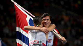Jakob Ingebrigtsen of Norway celebrates winning gold with brother Henrik after the Men's 1500m Final during day four of the 24th European Athletics Championships. (Photo by Matthias Hangst/Getty Images)