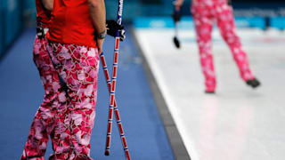 The famous heart-decorated pants worn by Christoffer Svae, Torger Nergard, Thomas Ulsrud and Havard Vad Petersson of Norway as they compete in the Curling competition in the 2018 PyeongChang Winter Olympic Games.