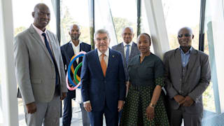 IOC / Greg Martin. President Bach welcoming a delegation from the Lesotho NOC.