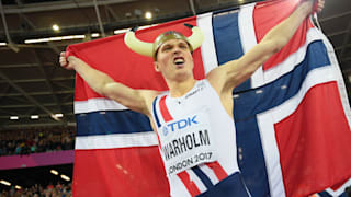 Karsten Warholm celebrates his 400m hurdles gold at the 2017 World Championships in London