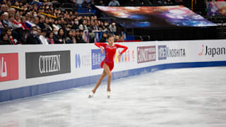 Elizabet Tursynbaeva performs during her free skate at the World Championships