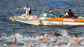 Athletes compete in the Women's 5km Final at the Gwangju 2019 FINA World Championships at Yeosu EXPO Ocean Park on July 17, 2019 in Yeosu, South Korea. (Photo by Chung Sung-Jun/Getty Images)