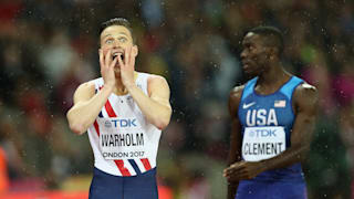 Karsten Warholm reacts to winning the 400m hurdles at the 2017 World Championships in London