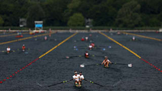 Tom George and Oliver Wynne-Griffith of Team GB practice at Vaires-Sur-Marne Nautical Stadium
