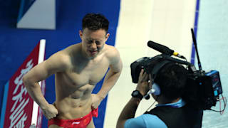 Siyi Xie of China reacts after his attempt during the Men's 3m Springboard Final on day seven of the Gwangju 2019 FINA World Championships at Nambu International Aquatics Centre on July 18, 2019 in Gwangju, South Korea. (Photo by Maddie Meyer/Getty Images)