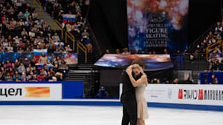 Victoria Sinitsina and Nikita Katsalapov hug on ice after their free dance