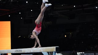 Oksana Chusovitina performing on balance beam at the 2019 World Championships (Photo: Olympic Channel)