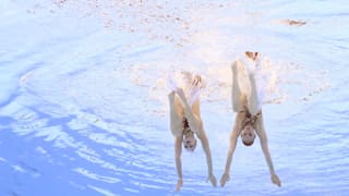 Svetlana Kolesnichenko and Svetlana Romashina of Russia compete in the Duet Free Final on day seven of the Gwangju 2019 FINA World Championships at Yeomju Gymnasium on July 18, 2019 in Gwangju, South Korea. (Photo by Catherine Ivill/Getty Images)