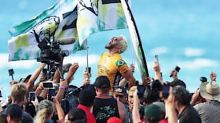 Italo Ferreira celebrates his victory in the 2019 Pipe Masters in Haleiwa, Hawaii