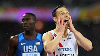 Karsten Warholm reacts to winning the 400m hurdles at the 2017 World Championships in London