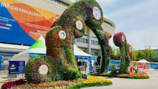 Clean-cut waves marked the entrance to Yeomju Gymnasium, which hosted artistic swimming