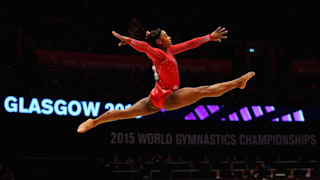 Simone Biles leaps during the all-around final at the 2015 Worlds