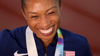 Bronze medalist Allyson Felix of Team United States looks on following the medal ceremony for the 4x400m Mixed Relay Final on day one of the World Athletics Championships. 