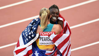 Dawn Harper Nelson and Sally Pearson share a hug after the 100m hurdles final at the 2017 London IAAF World Championships