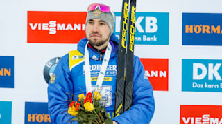Alexander Loginov takes third place during the IBU Biathlon World Cup Men's Sprint in Pokljuka, Slovenia.