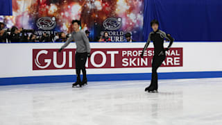 Nathan Chen and Yuzuru Hanyu during practice