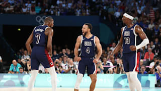 Kevin Durant #7, Stephen Curry #4, and Bam Adebayo #13 of Team United States