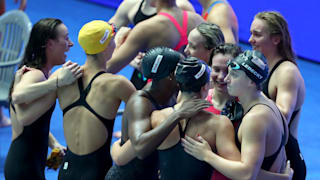 Team Australia is congratulated by Team United States as they set a new world record of 7:41.50 in the Women's 4x200m Freestyle Final on day five of the Gwangju 2019 FINA World Championships at Nambu International Aquatics Centre on July 25, 2019 in Gwangju, South Korea. (Photo by Maddie Meyer/Getty Images)