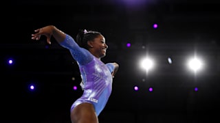 Simone Biles smiles during the floor final at the 2019 World Artistic Gymnastics Championships