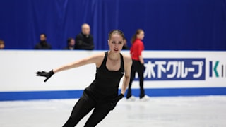 Alina Zagitova on ice during her first practice skate in Saitama.