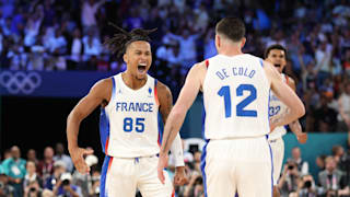 Matthew Strazel #85 of Team France celebrates during the Men's Gold Medal game between Team France and Team United States 