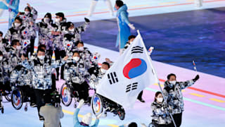 Flag bearer Hyejin Baek of Team South Korea during the Opening Ceremony of the Beijing 2022 Winter Paralympics