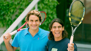 Roger Federer of Switzerland and Rafael Nadal of Spain stand side by side as they pose for photos prior to their semi-final match tomorrow during the eleventh day of the French Open at Roland Garros on June 2, 20