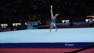 Angelina Melnikova performing on floor at the 2019 World Championships (Photo: Olympic Channel)