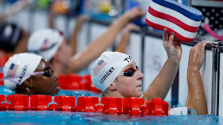 Katie Ledecky takes part in a training session at Paris La Defense Arena