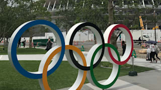 The Olympic Rings outside the new National Stadium on 3rd July 2019