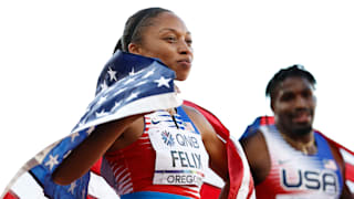 Allyson Felix of Team USA reacts after winning bronze in the 4x400m Mixed Relay Final on day one of the World Athletics Championships. 