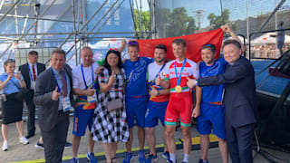 Vasil Kiryienka gets the party started in Minsk at the 2019 European Games. Photo: Olympic Channel