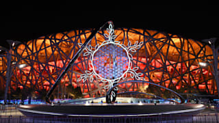 The Olympic Cauldron is seen at Medal Plaza