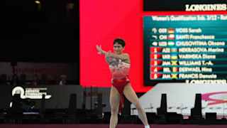 Oksana Chusovitina performing on floor at the 2019 World Championships (Photo: Olympic Channel)