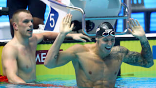 Caeleb Dressel of the United States celebrates after winning the Men's 100m Freestyle Final on day five of the Gwangju 2019 FINA World Championships at Nambu International Aquatics Centre on July 25, 2019 in Gwangju, South Korea. (Photo by Clive Rose/Getty Images)