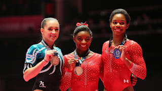 Larisa Iordache (left), Simone Biles (middle) and Gabby Douglas (right) share the women's all-around podium in 2015