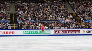 Elizabet Tursynbaeva jumps during her free skate at the World Championships