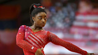 Simone Biles poses on floor exercise during the team final at the 2018 Worlds
